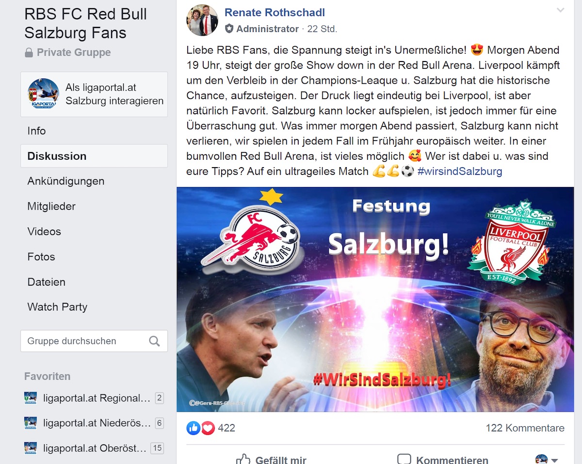 Eintrag von Renate Rothschadl auf der Facebook Fanseite 'RBS FC Red Bull Salzburg Fans'
